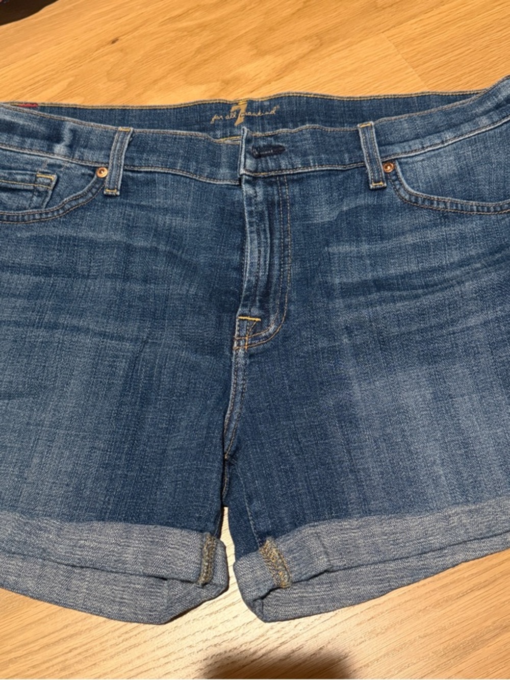 7 For All Mankind Blue Rolled-Hem Denim Shorts